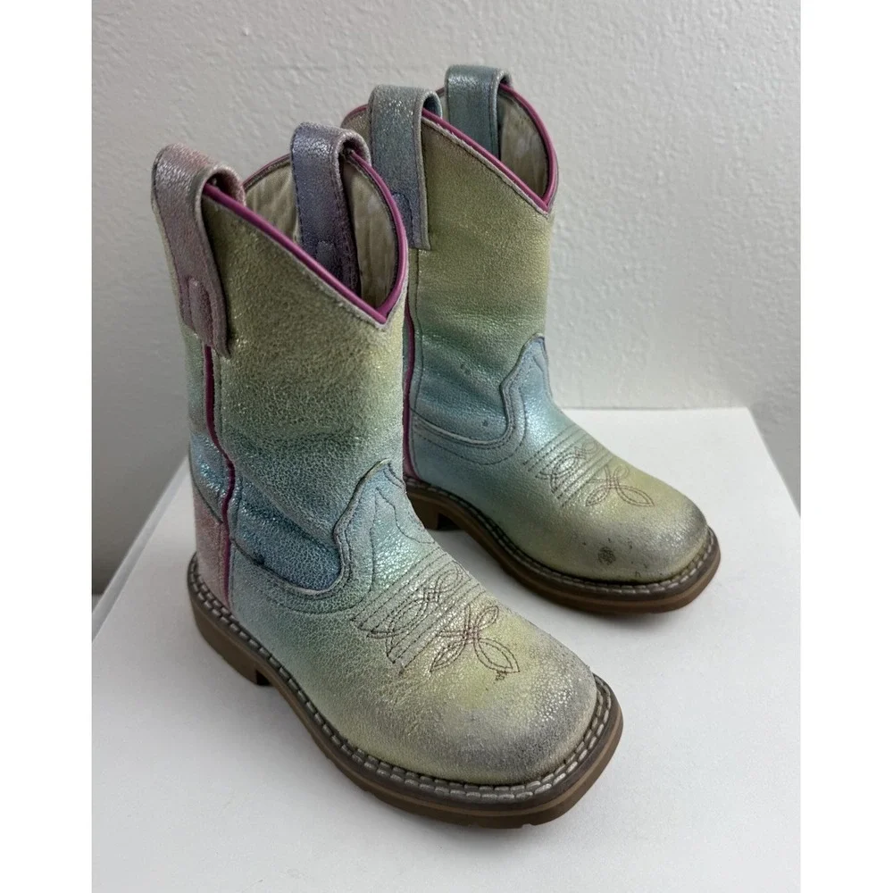 Dan Post Little Girls Metallic Rainbow Ombre Leather Square Toe Roper Boots 9D